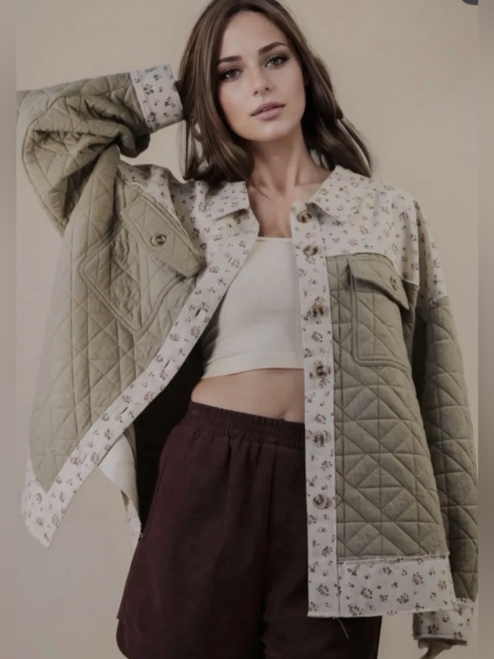 Very J Boutique Floral Contrast Cotton Jacket Oversized Shacket Size Small
